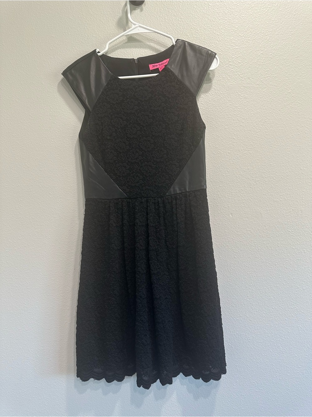 Betsey Johnson size 4 black lace and faux leather skater dress,pink,goth